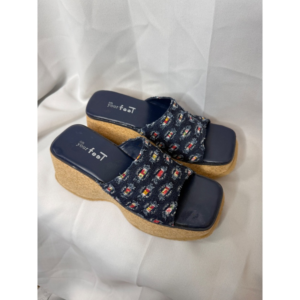 On Your Feet Denim Embroidered Cork Platform Wedge Slide Sandals 7.5M